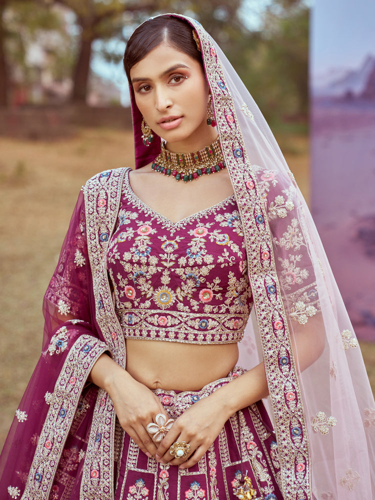 Purple Pure silk Moti, Sequins embroidery Semi-Stitched Bridel Lehenga choli & Dupatta