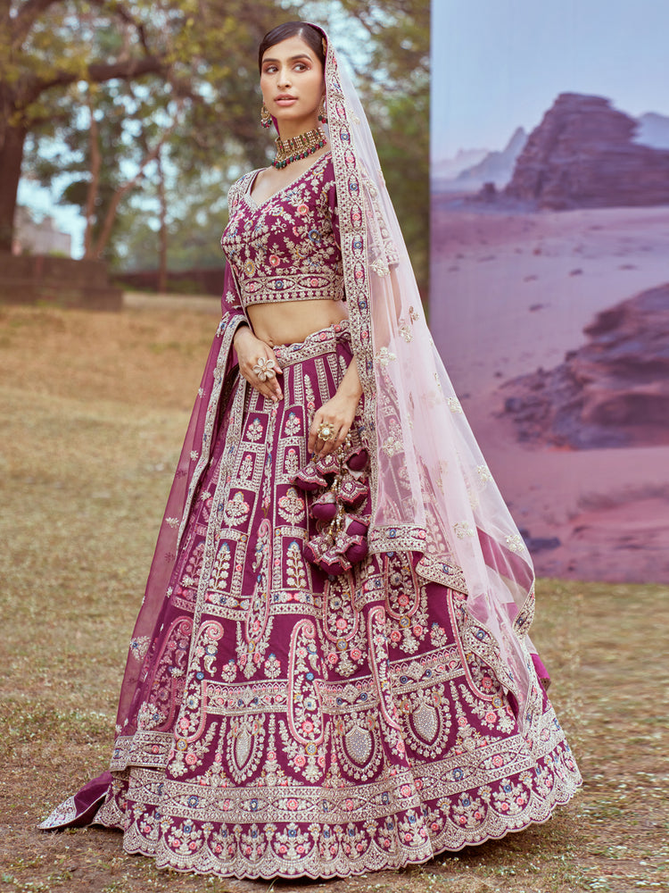 Purple Pure silk Moti, Sequins embroidery Semi-Stitched Bridel Lehenga choli & Dupatta
