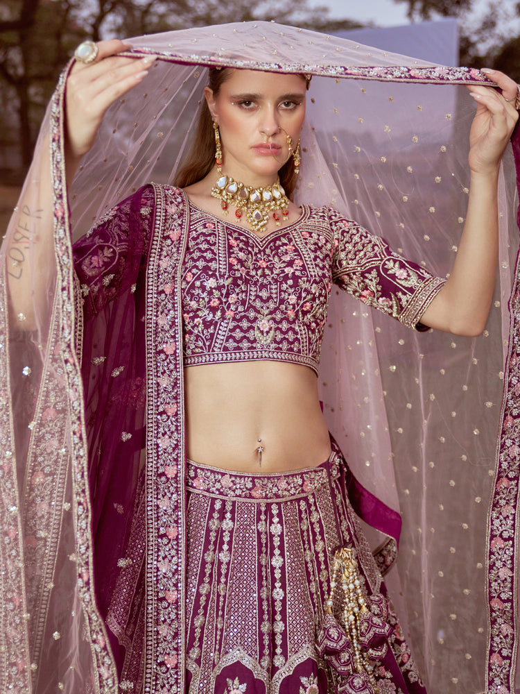 Purple Pure silk Moti, Sequins embroidery Semi-Stitched Bridel Lehenga choli & Dupatta