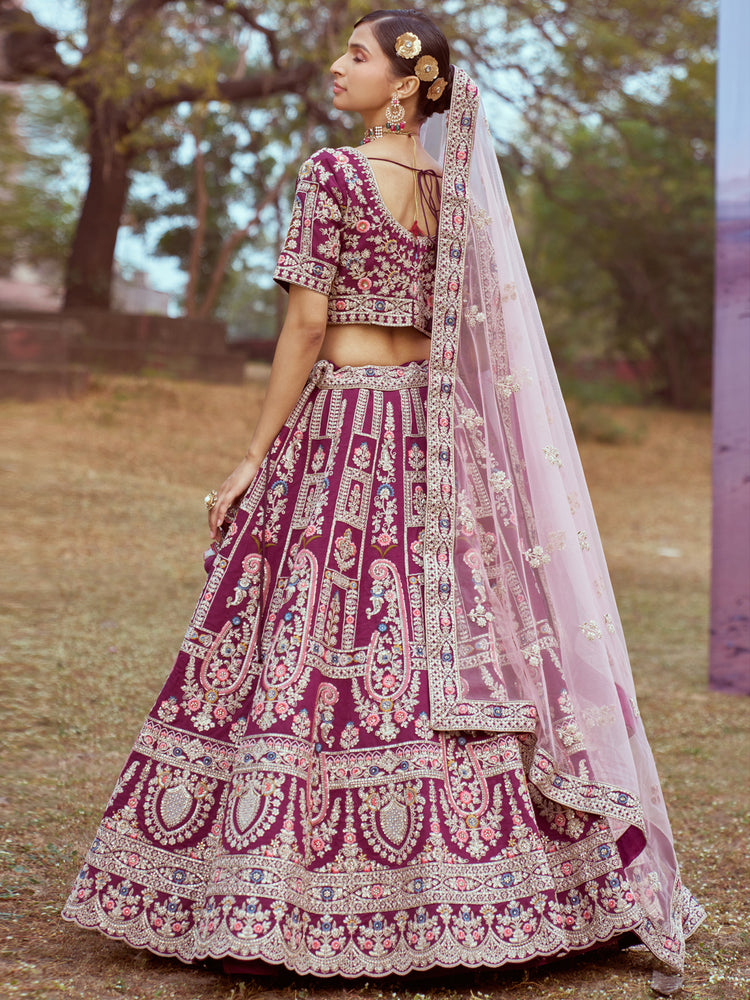 Purple Pure silk Moti, Sequins embroidery Semi-Stitched Bridel Lehenga choli & Dupatta
