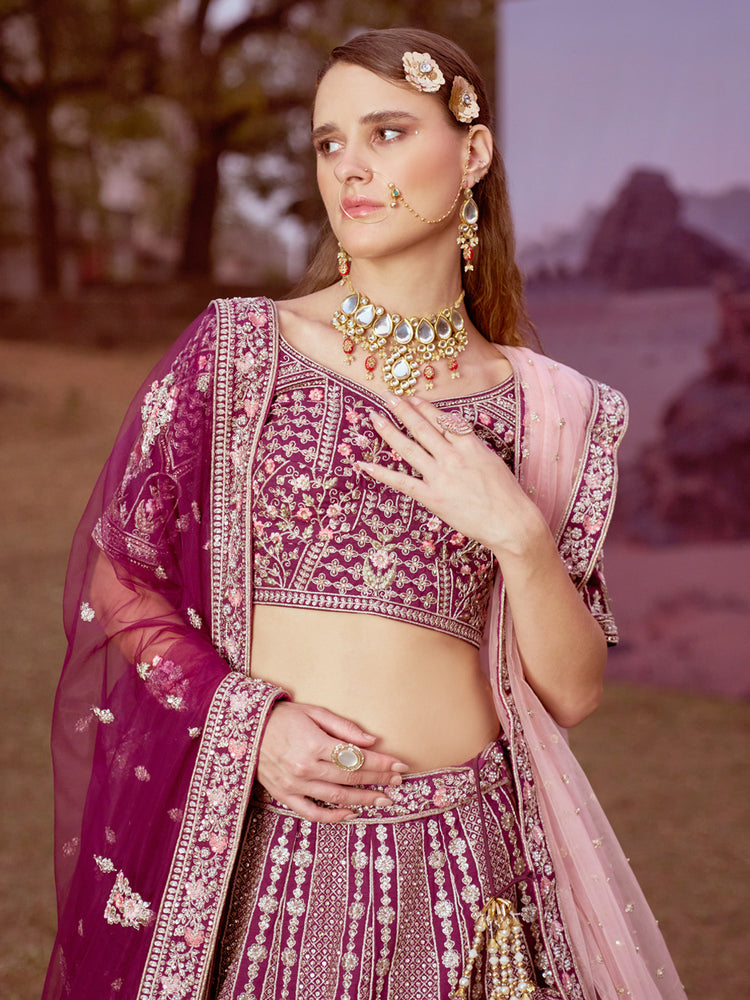 Purple Pure silk Moti, Sequins embroidery Semi-Stitched Bridel Lehenga choli & Dupatta