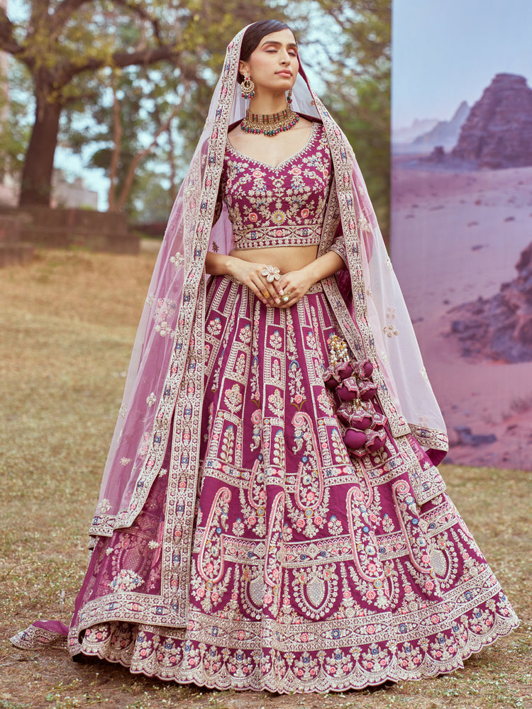 Purple Pure silk Moti, Sequins embroidery Semi-Stitched Bridel Lehenga choli & Dupatta