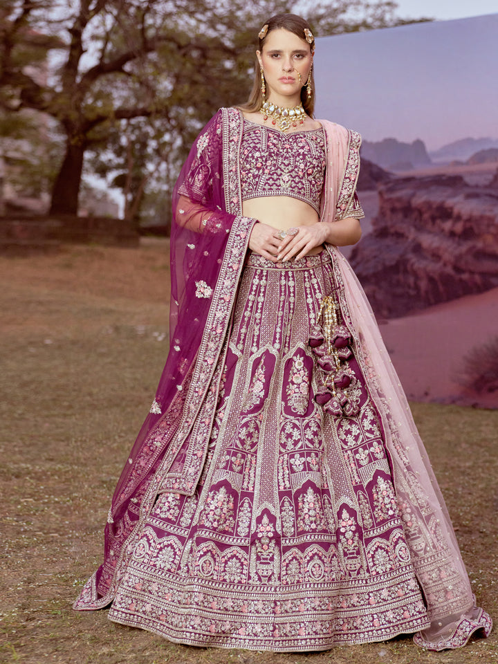 Purple Pure silk Moti, Sequins embroidery Semi-Stitched Bridel Lehenga choli & Dupatta