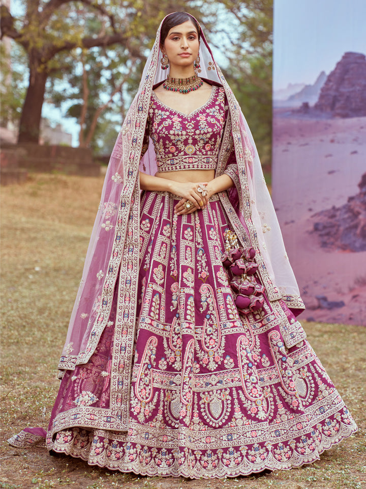 Purple Pure silk Moti, Sequins embroidery Semi-Stitched Bridel Lehenga choli & Dupatta