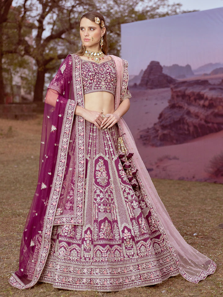 Purple Pure silk Moti, Sequins embroidery Semi-Stitched Bridel Lehenga choli & Dupatta