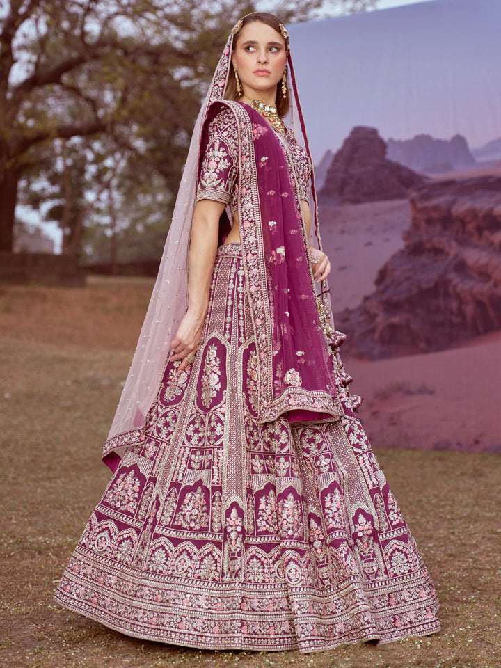 Purple Pure silk Moti, Sequins embroidery Semi-Stitched Bridel Lehenga choli & Dupatta