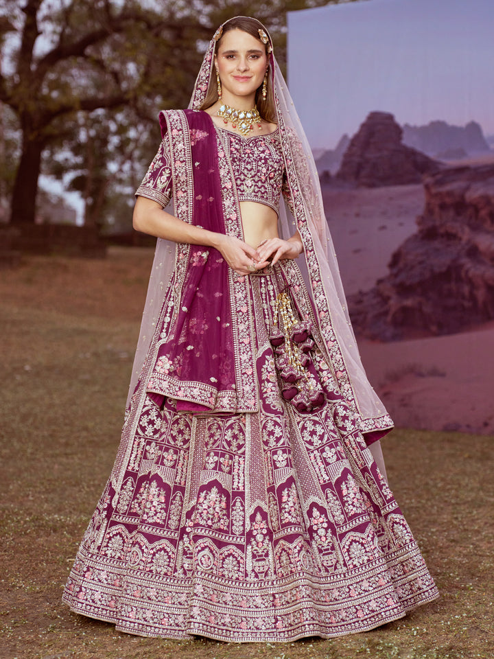 Purple Pure silk Moti, Sequins embroidery Semi-Stitched Bridel Lehenga choli & Dupatta