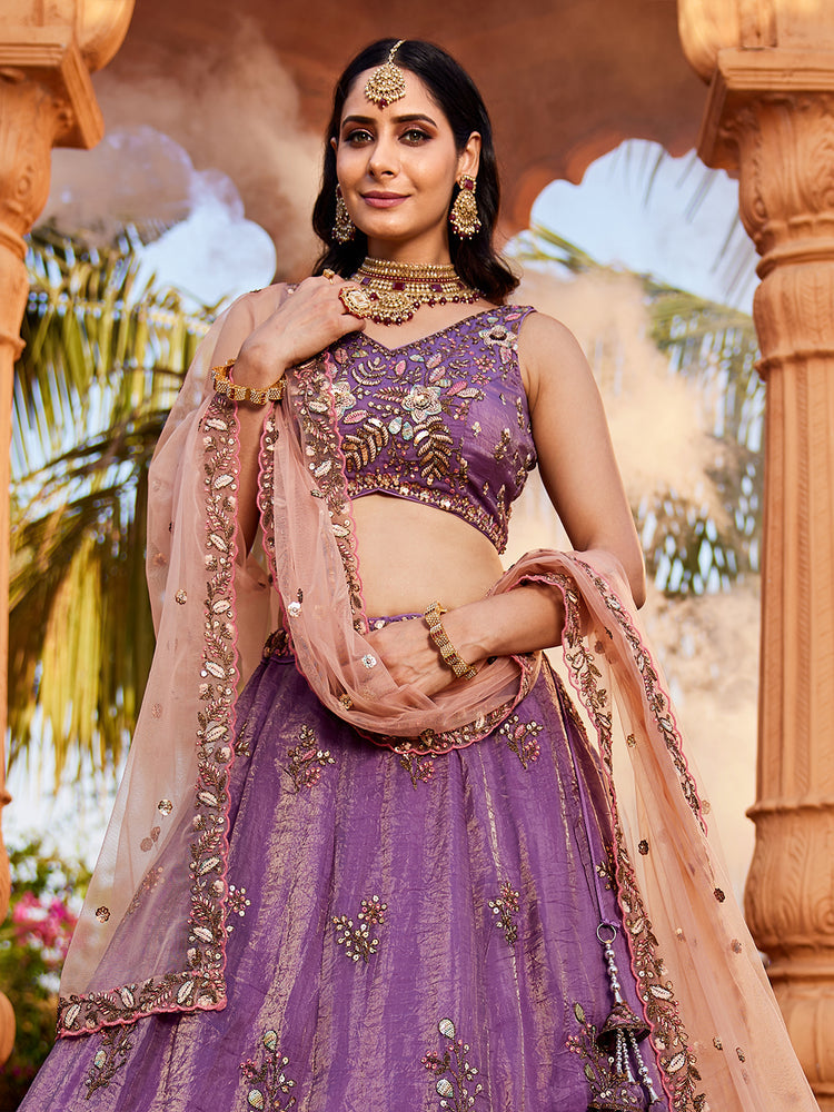 Purple Pure Tissue Semi-Stitched Lehenga Choli Set with Zarkan