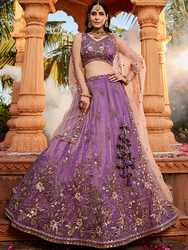 Purple Pure Tissue Semi-Stitched Lehenga Choli Set with Zarkan
