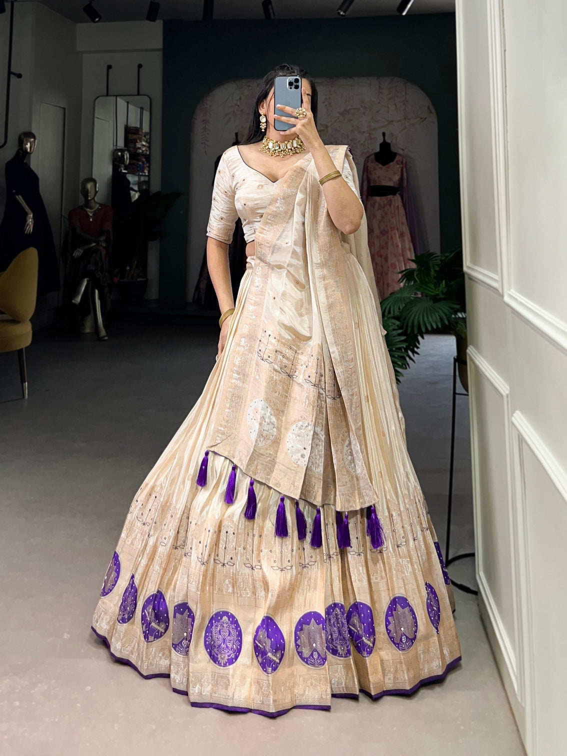 Purple Radiant Shimmer Mirror & Beads Handwork Lehenga Set