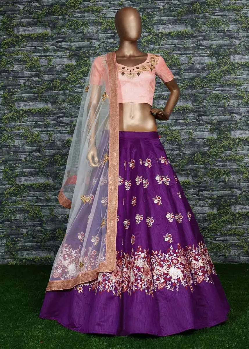 Purple raw silk indian lehenga choli for wedding