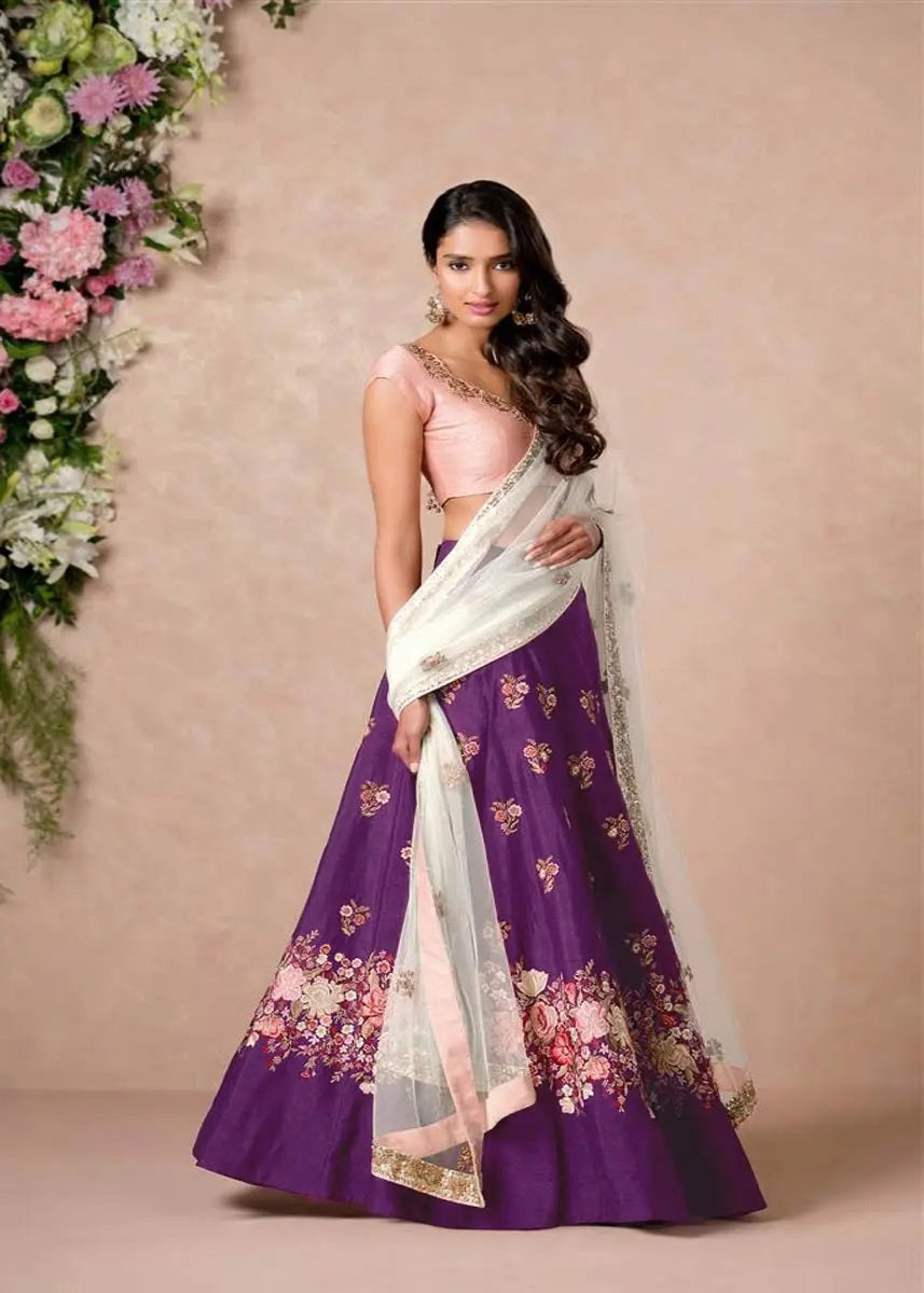 Purple raw silk indian lehenga choli for wedding