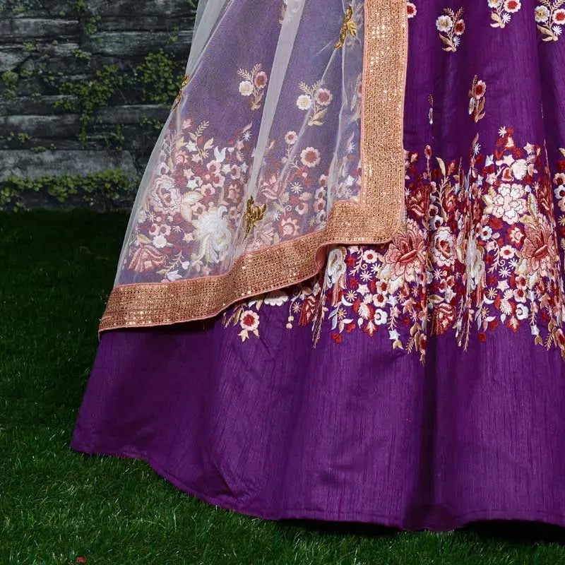 Purple raw silk indian lehenga choli for wedding