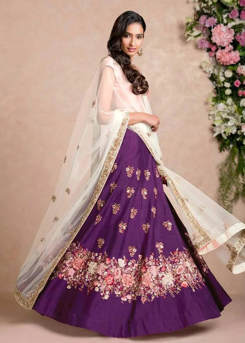 Purple raw silk indian lehenga choli for wedding