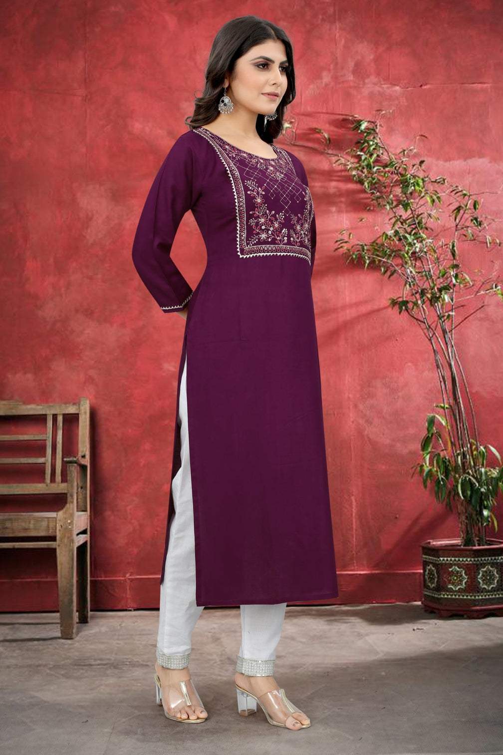 Purple Rayon Kurta Set With Pant