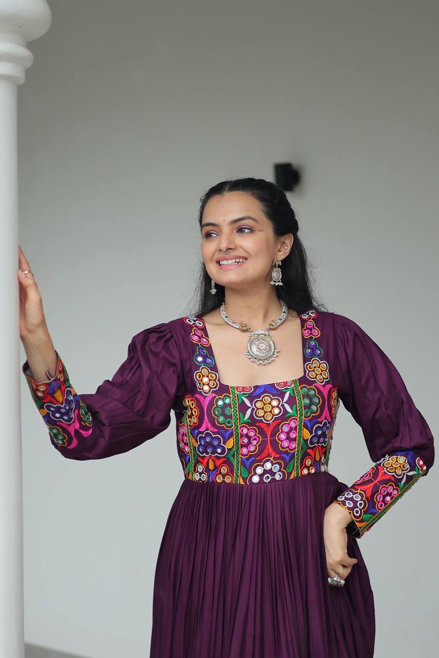 Purple Rayon Kutchi Gamthi Work Gown with 3-Layer Frill & 12 Meter Flair