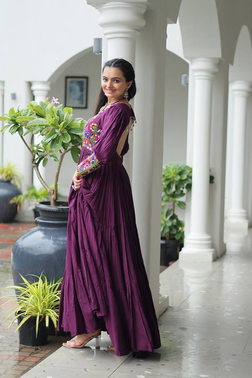 Purple Rayon Kutchi Gamthi Work Gown with 3-Layer Frill & 12 Meter Flair