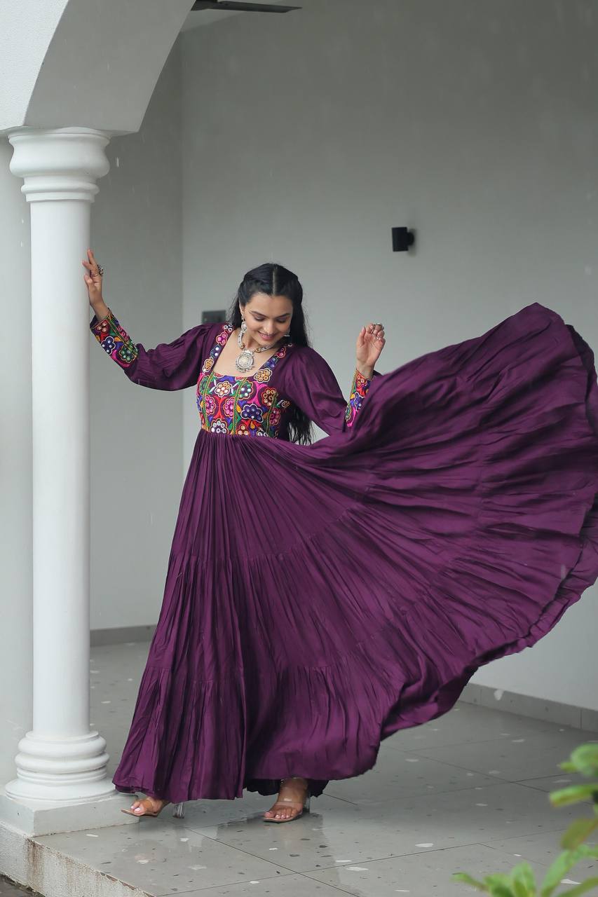 Purple Rayon Kutchi Gamthi Work Gown with 3-Layer Frill & 12 Meter Flair