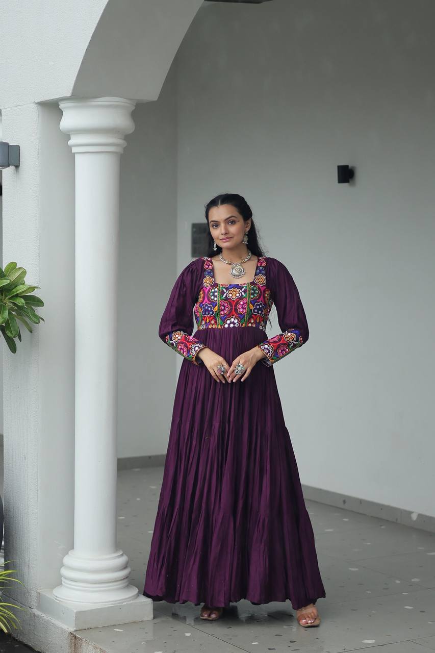 Purple Rayon Kutchi Gamthi Work Gown with 3-Layer Frill & 12 Meter Flair