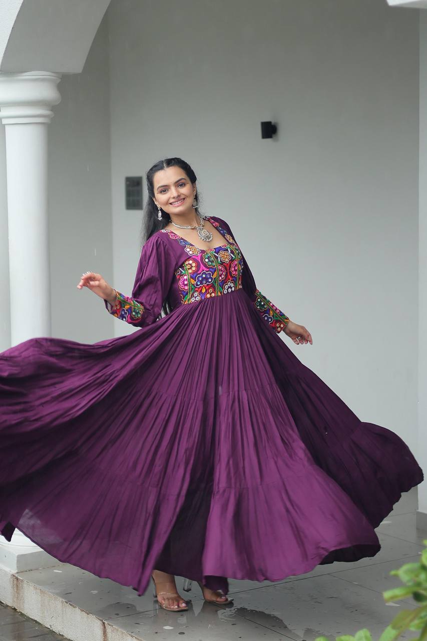 Purple Rayon Kutchi Gamthi Work Gown with 3-Layer Frill & 12 Meter Flair