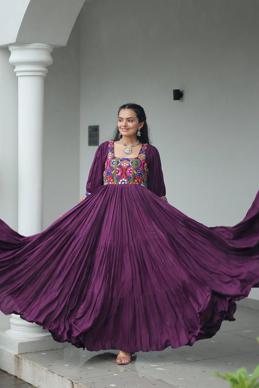 Purple Rayon Kutchi Gamthi Work Gown with 3-Layer Frill & 12 Meter Flair