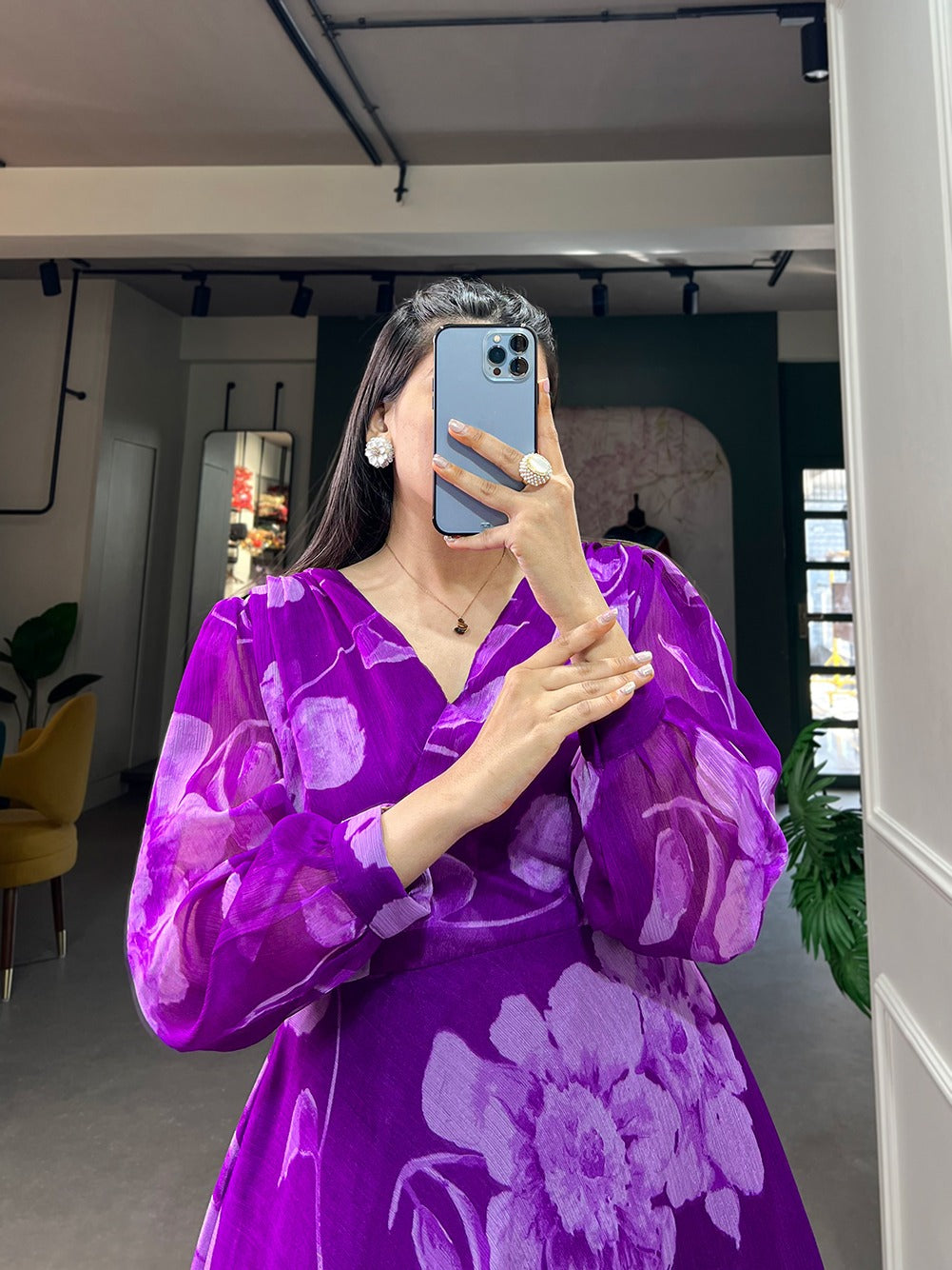 Purple Ready-to-Wear Chiffon Gown with Floral Print