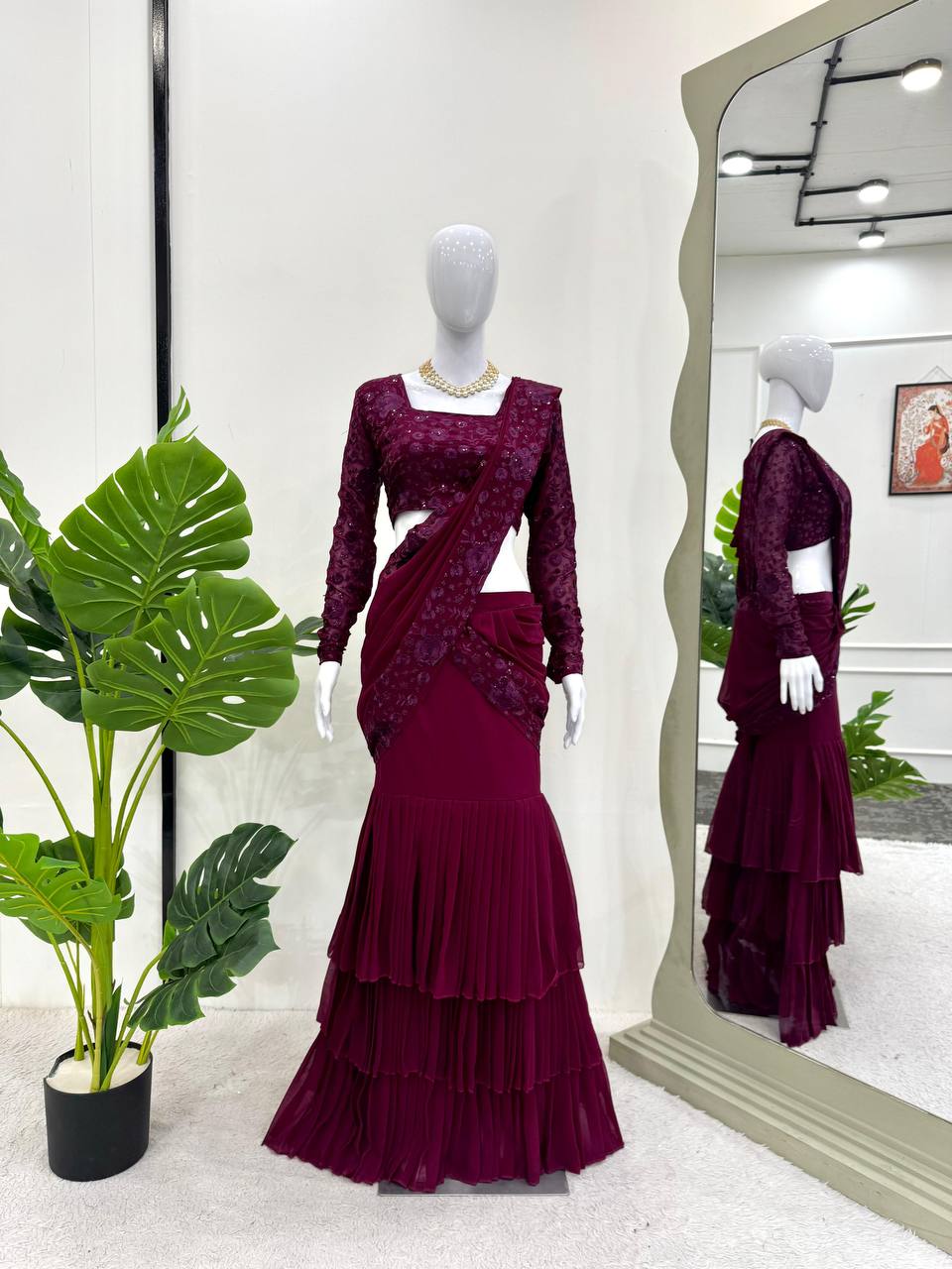 Purple Ready-to-Wear Ruffle Style Lehenga Saree in Faux Georgette with Thread & Sequin Work