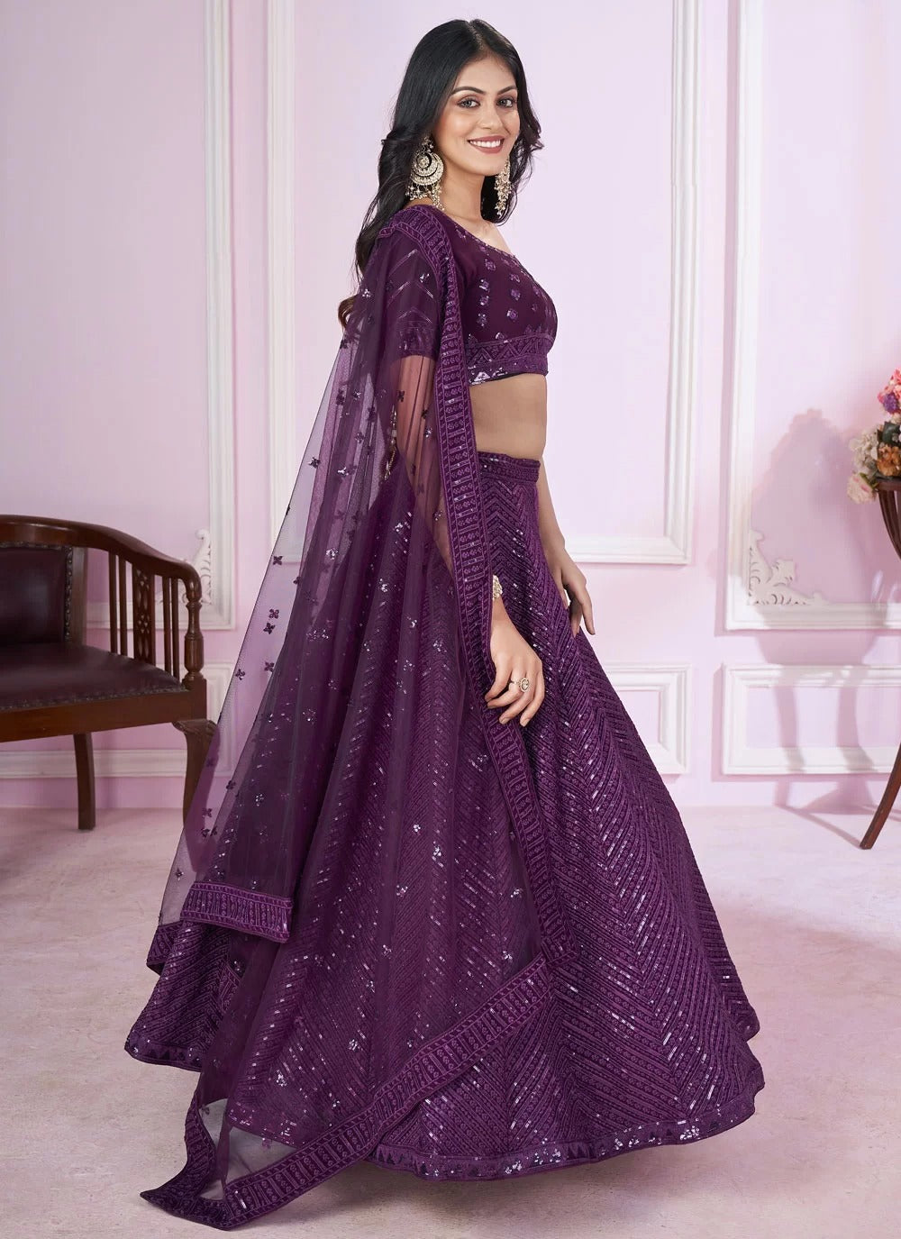 Luxury purple georgette side slit lehenga with sequins work for cocktail reception