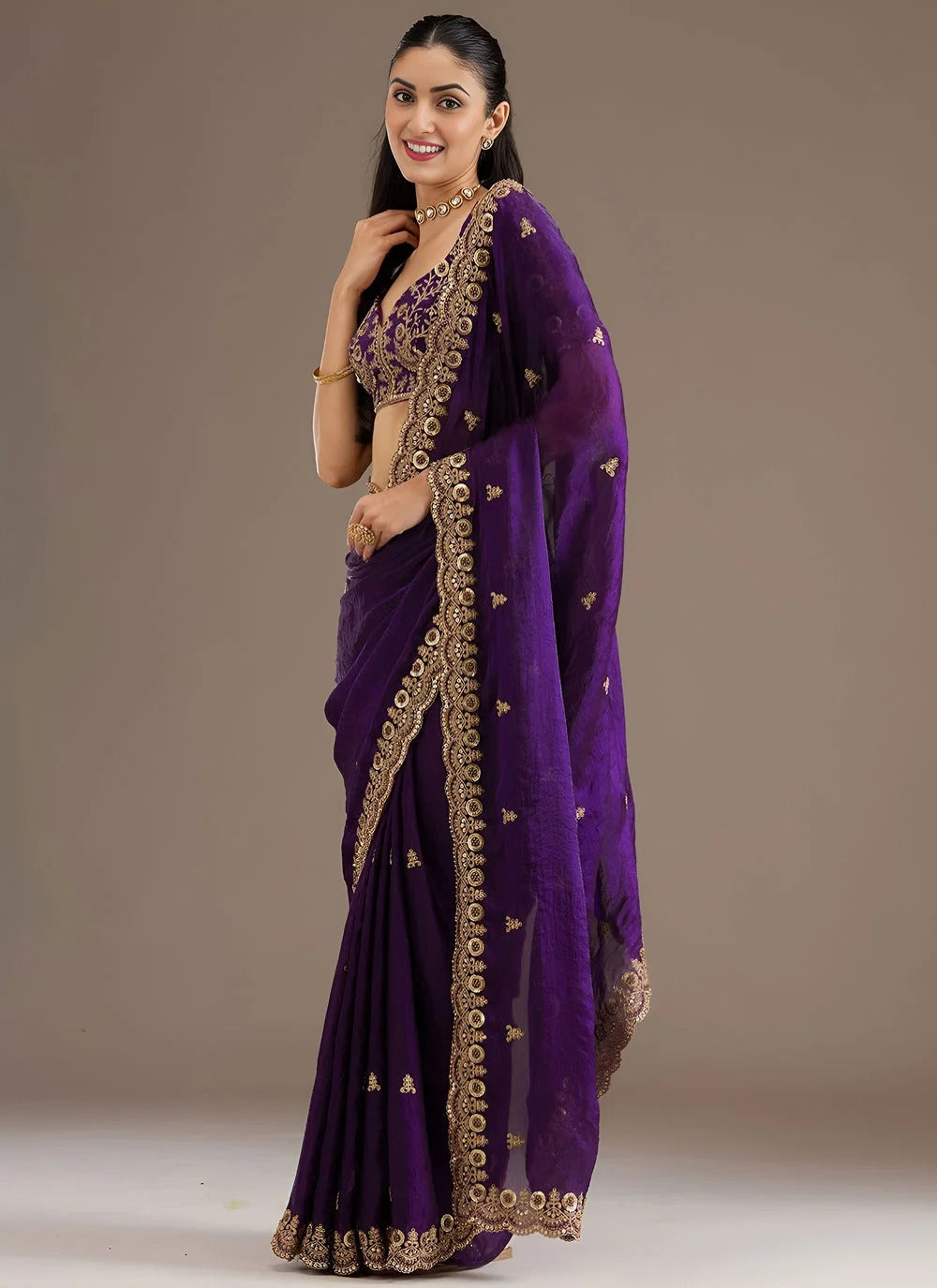 Royal purple designer tissue silk saree with zari dori diamond embroidery