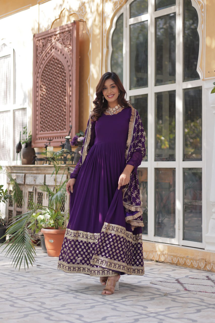 Purple Embroidered Zari Sequins Gown Set