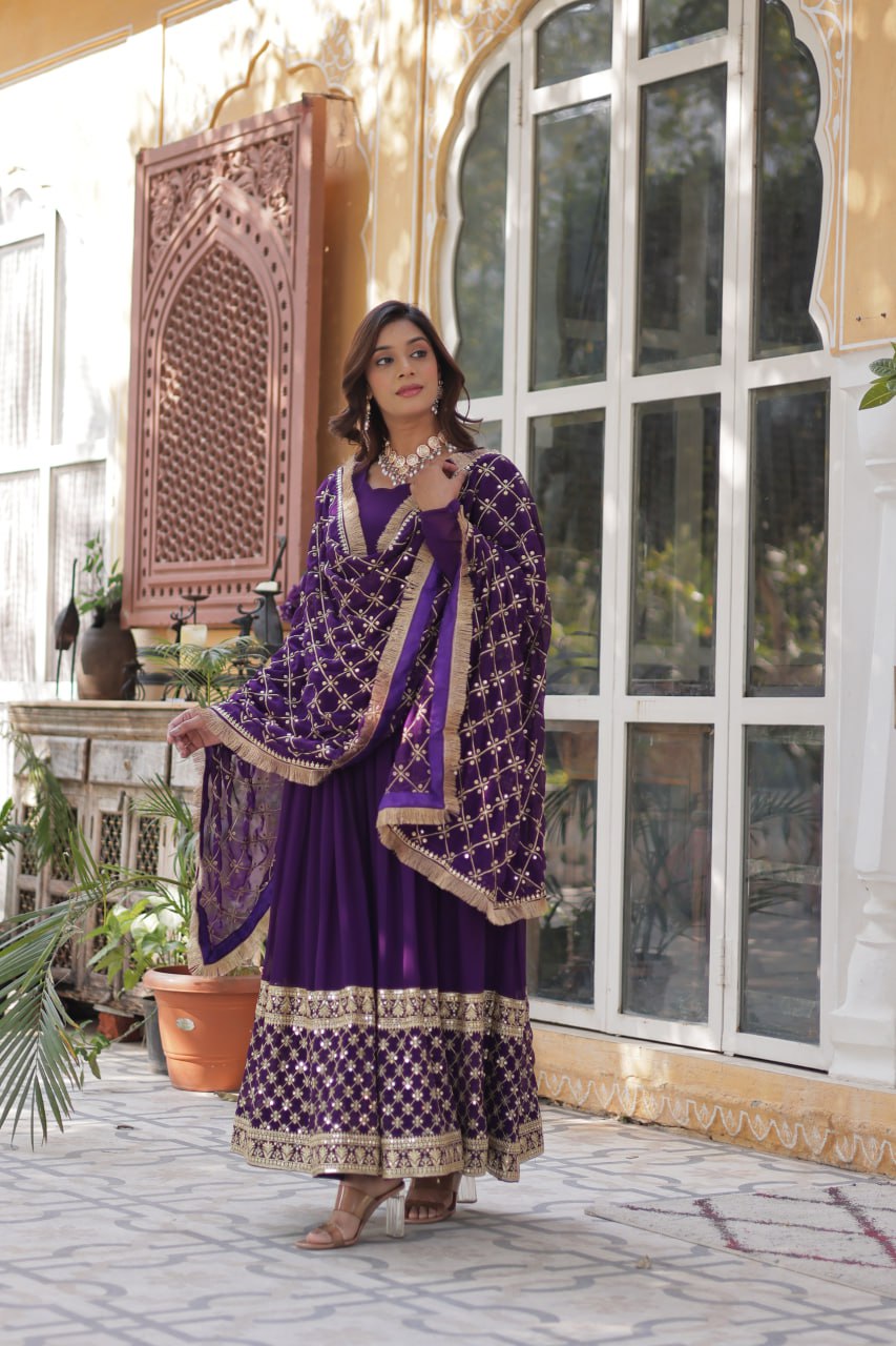 Purple Embroidered Zari Sequins Gown Set