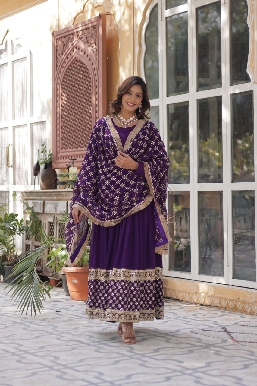 Purple Embroidered Zari Sequins Gown Set