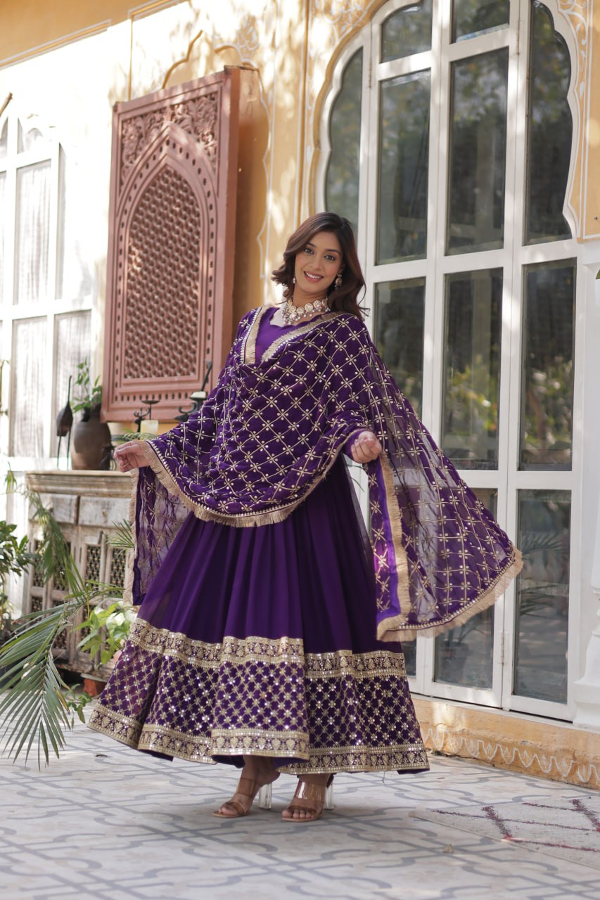 Purple Embroidered Zari Sequins Gown Set