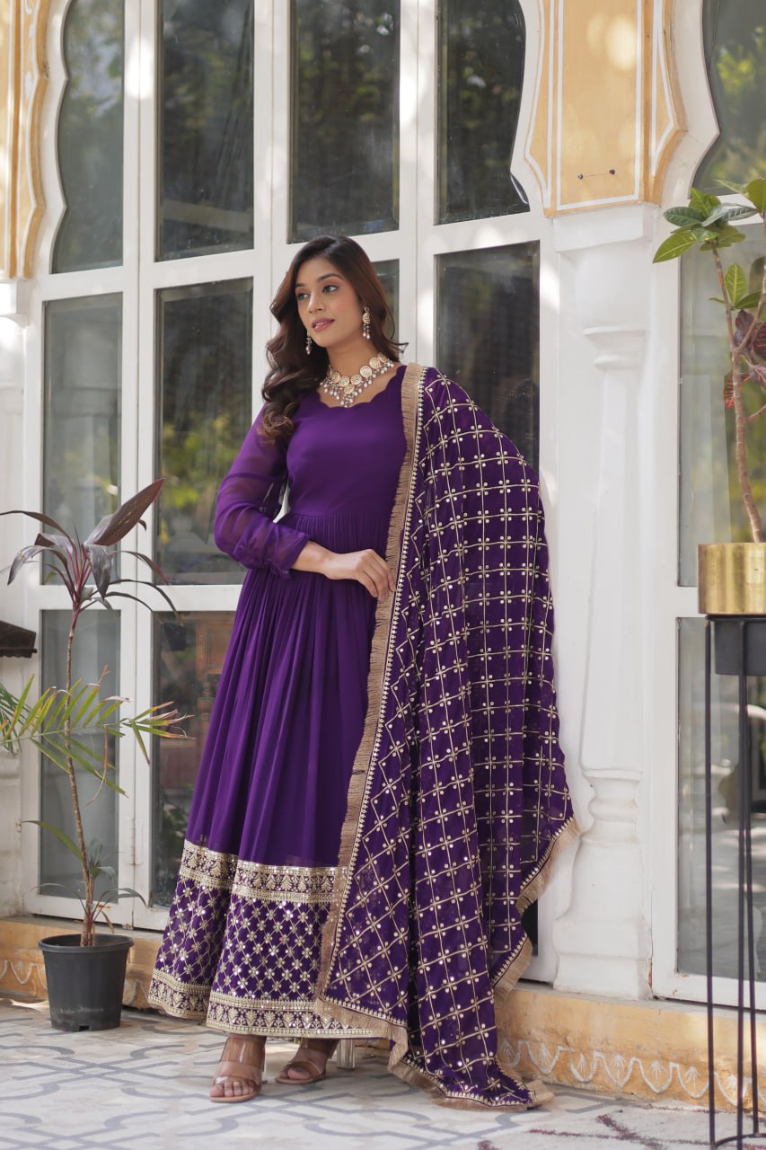 Purple Embroidered Zari Sequins Gown Set