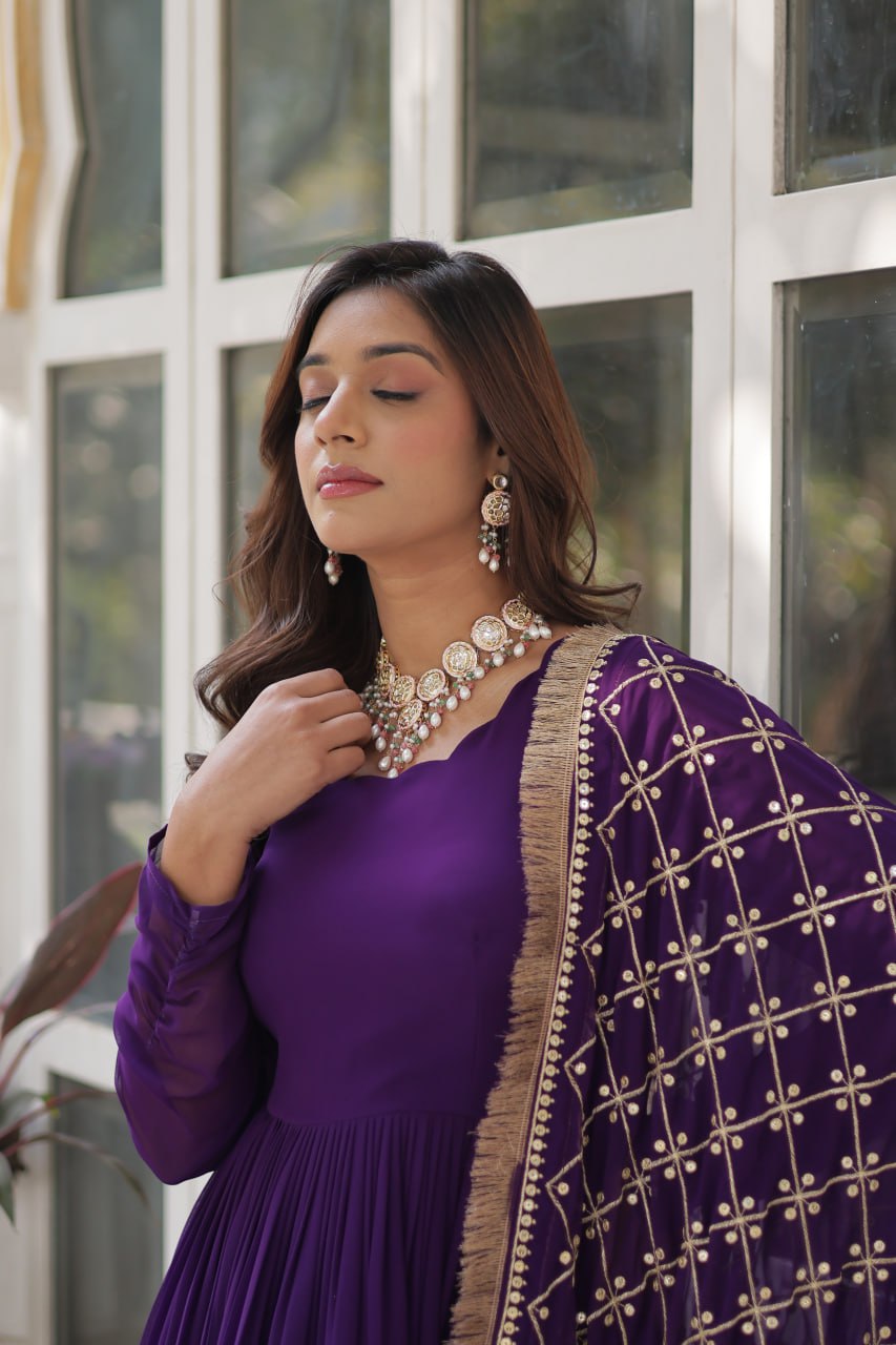 Purple Embroidered Zari Sequins Gown Set