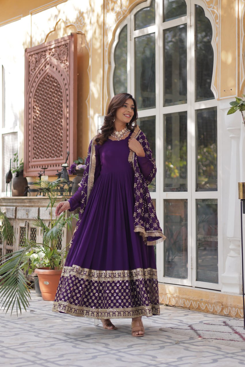 Purple Embroidered Zari Sequins Gown Set