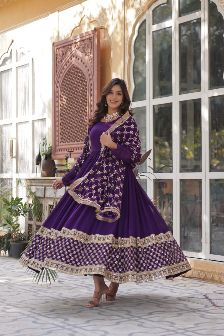 Purple Embroidered Zari Sequins Gown Set