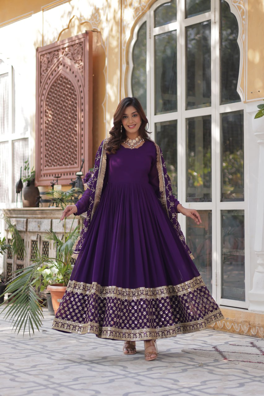 Purple Embroidered Zari Sequins Gown Set