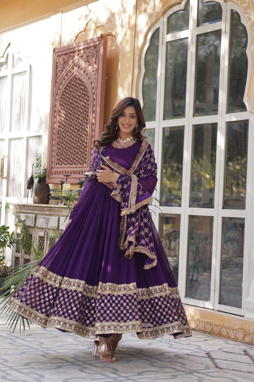 Purple Embroidered Zari Sequins Gown Set