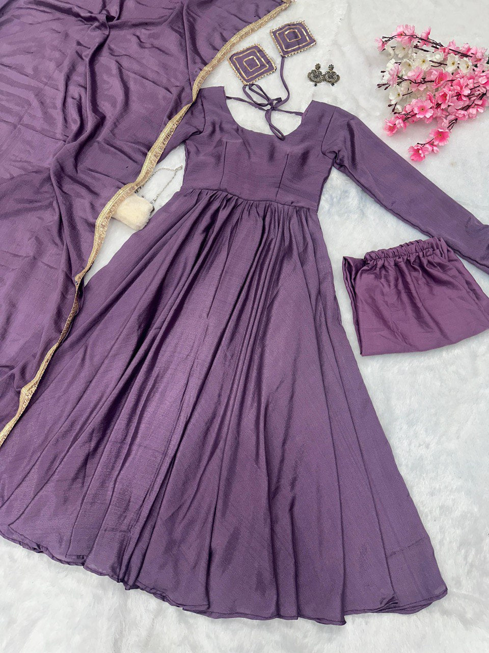 Purple Exclusive Chinnon Silk Anarkali Set