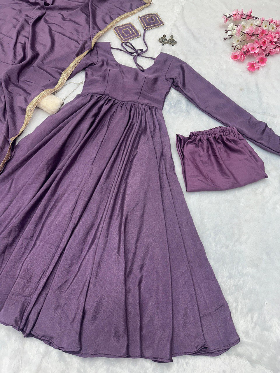Purple Exclusive Chinnon Silk Anarkali Set