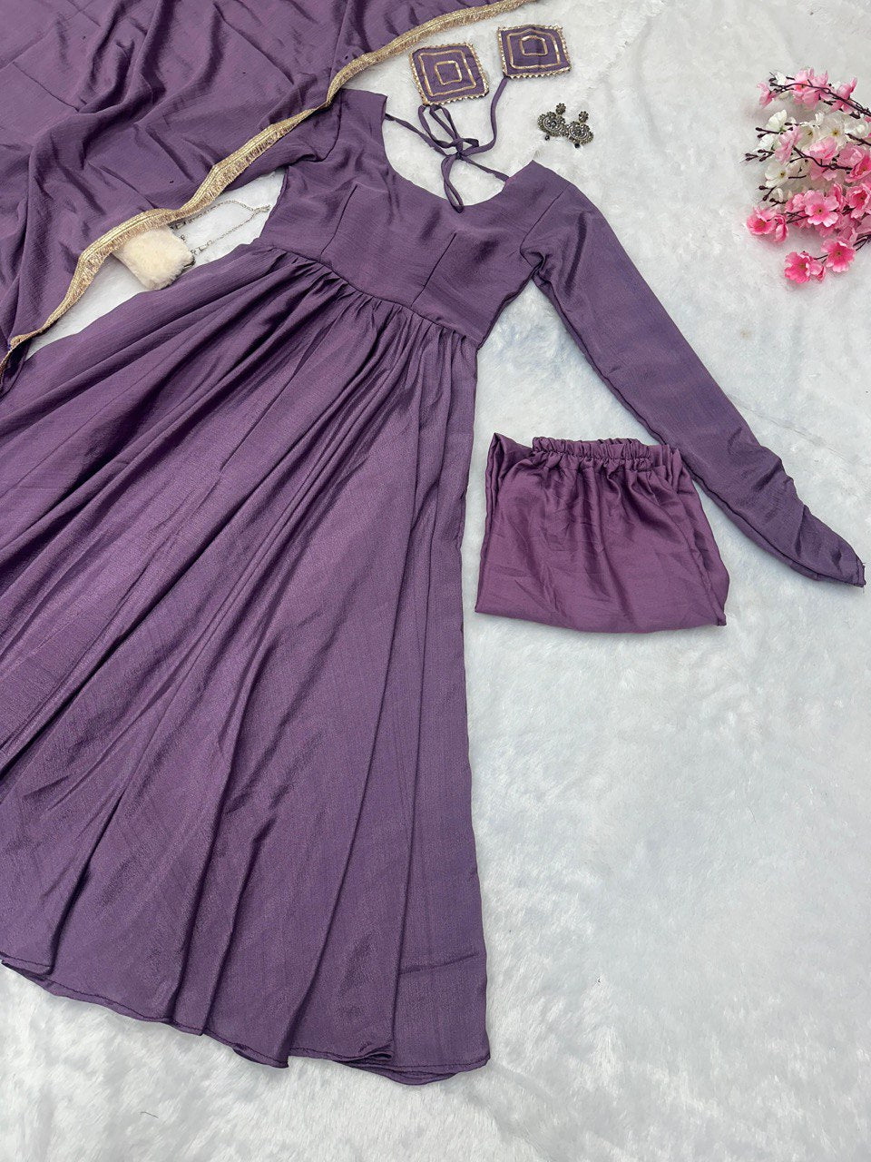 Purple Exclusive Chinnon Silk Anarkali Set