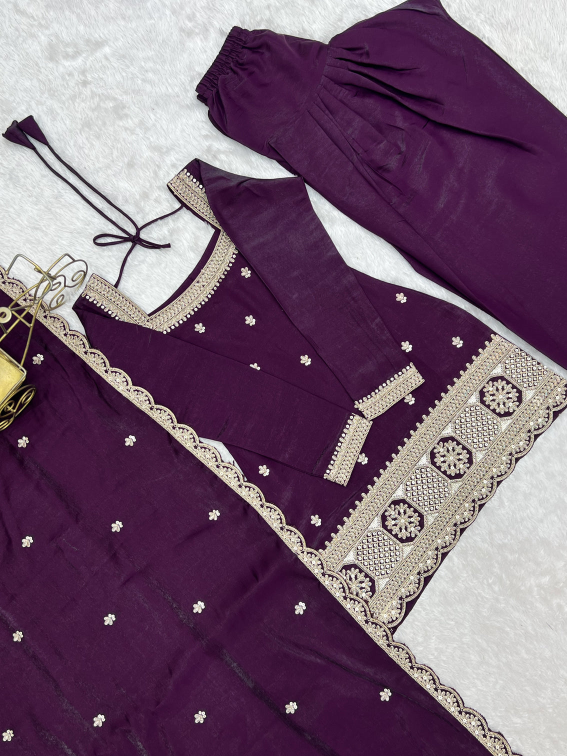 Purple Roman Silk Farshi Shalwar Set