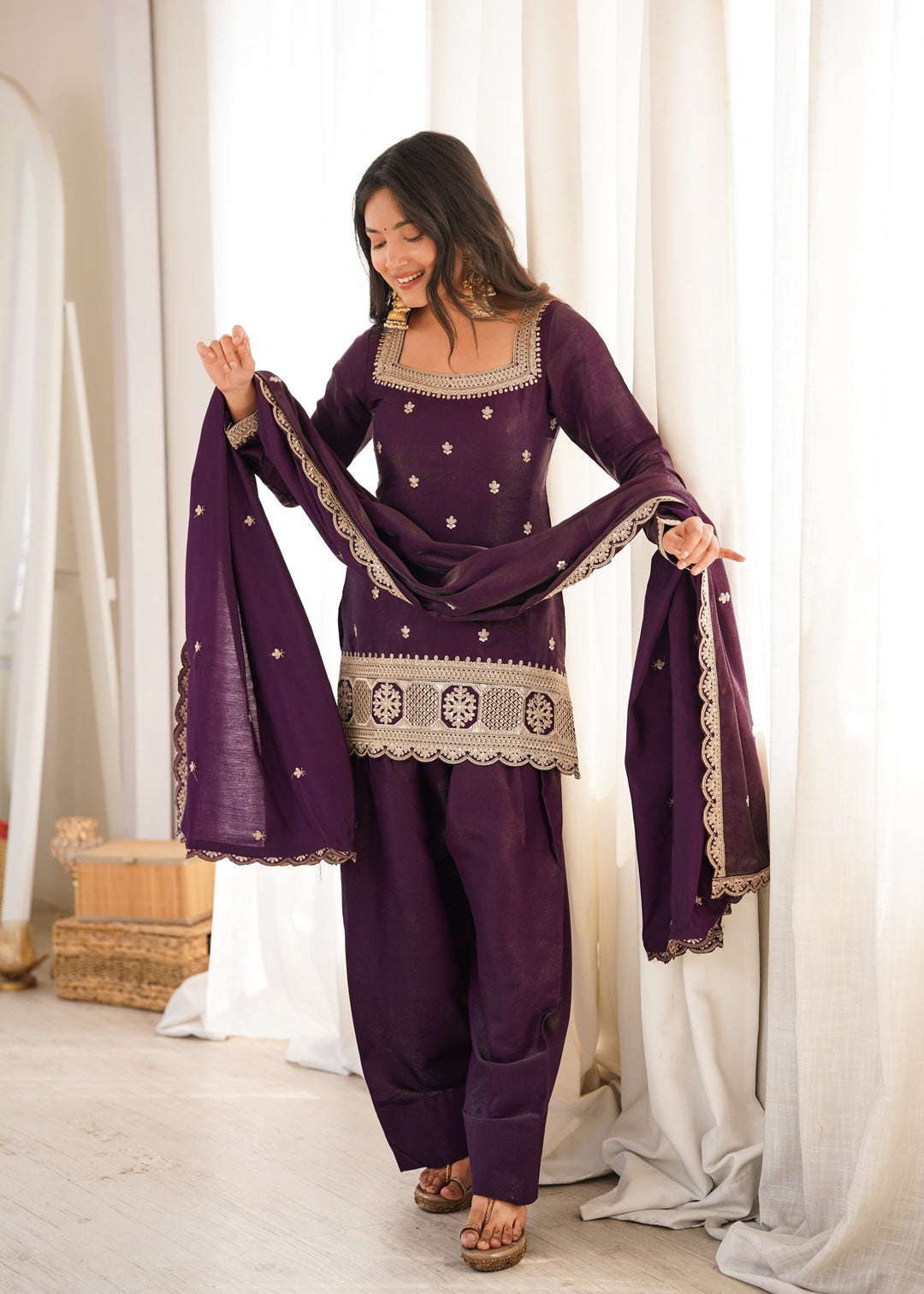 Purple Roman Silk Farshi Shalwar Set