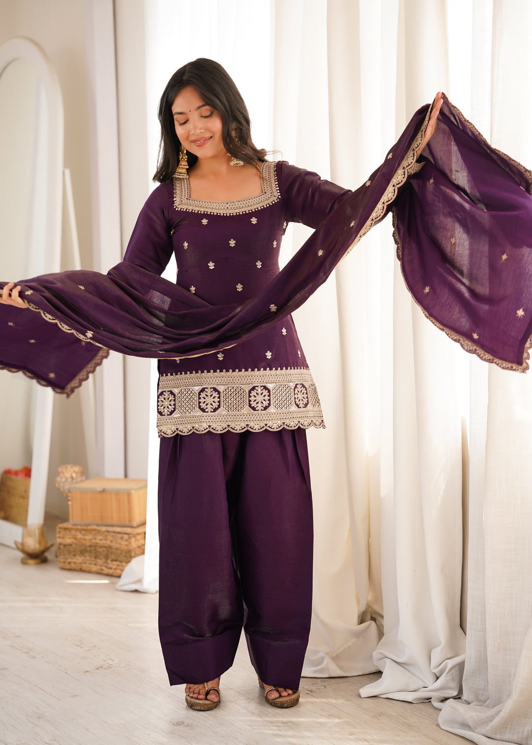 Purple Roman Silk Farshi Shalwar Set