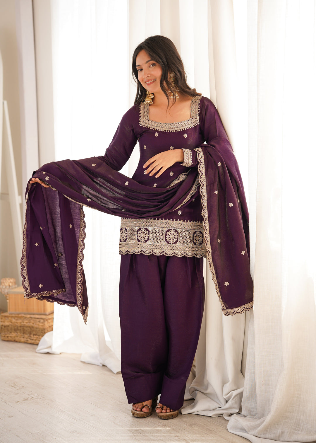 Purple Roman Silk Farshi Shalwar Set