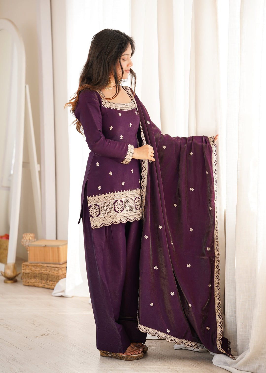 Purple Roman Silk Farshi Shalwar Set