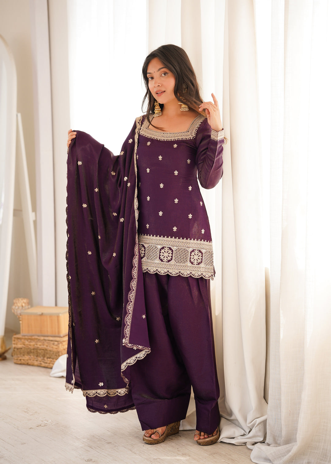 Purple Roman Silk Farshi Shalwar Set