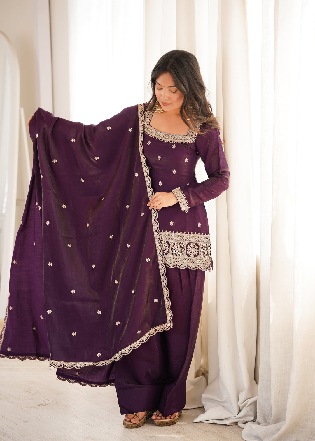 Purple Roman Silk Farshi Shalwar Set