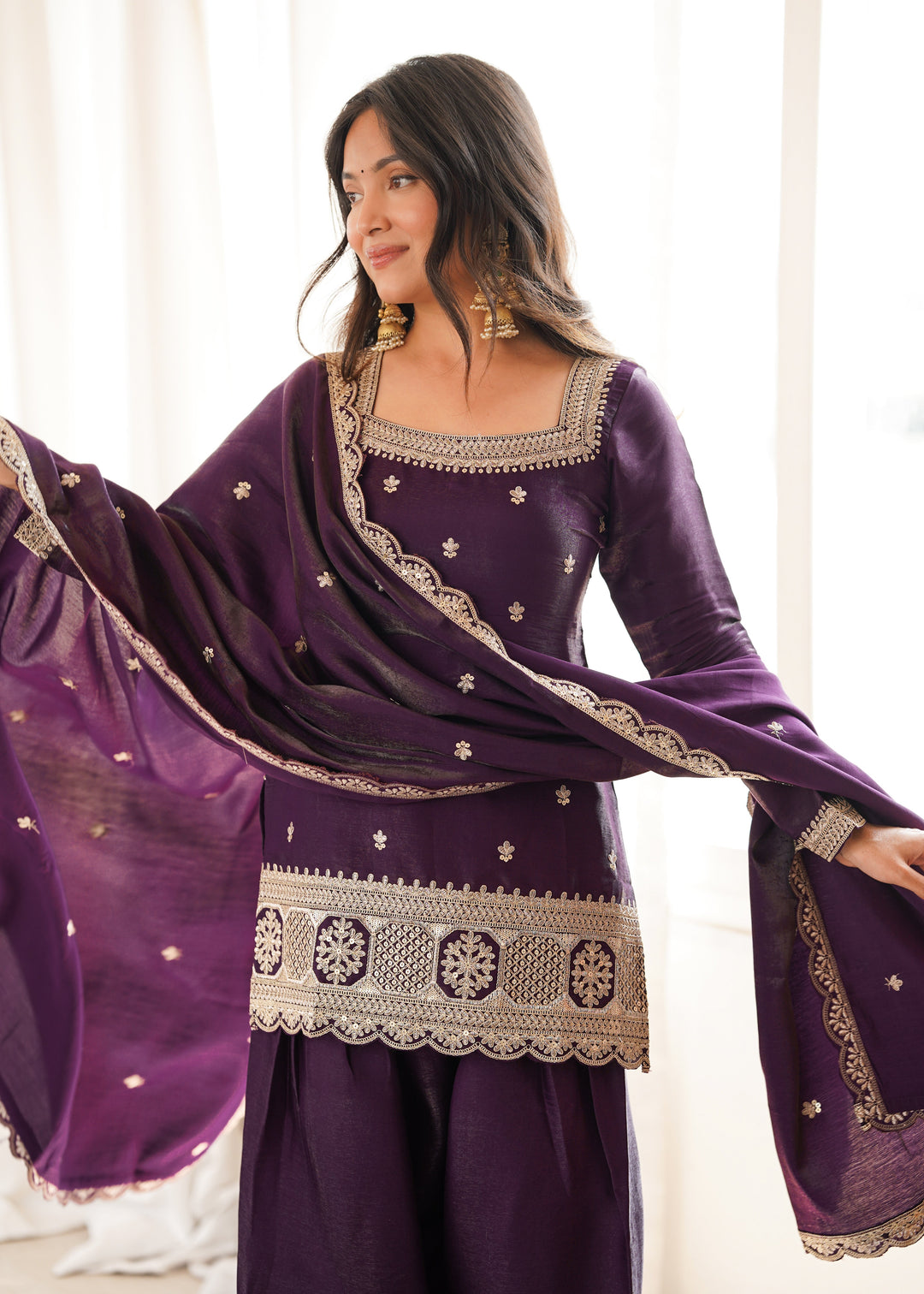 Purple Roman Silk Farshi Shalwar Set